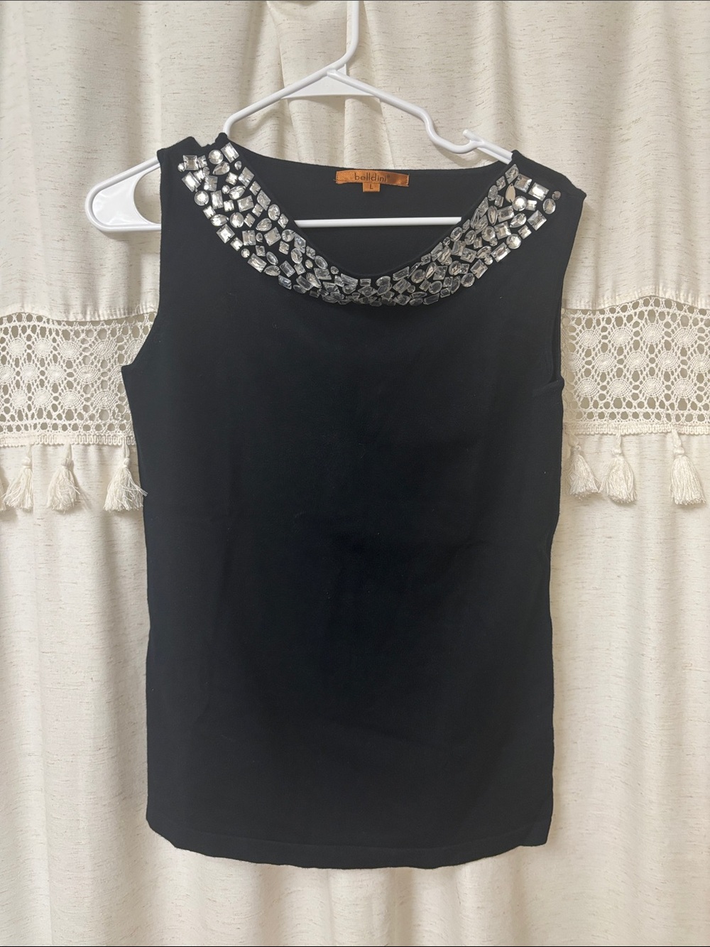 Belldini Black Sleeveless Top with Silver Beaded Collar